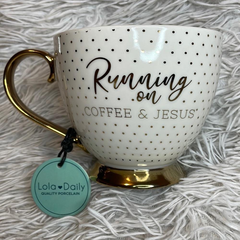 “Running on Coffee & JESUS” White & Gold Coffee Mug